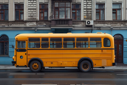 A vibrant yellow school bus is parked in front of a building, showcasing a classic mode of transportation for students