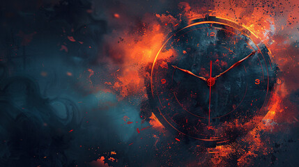 fire time clock , time running out , burning clock on dark background  - obrazy, fototapety, plakaty