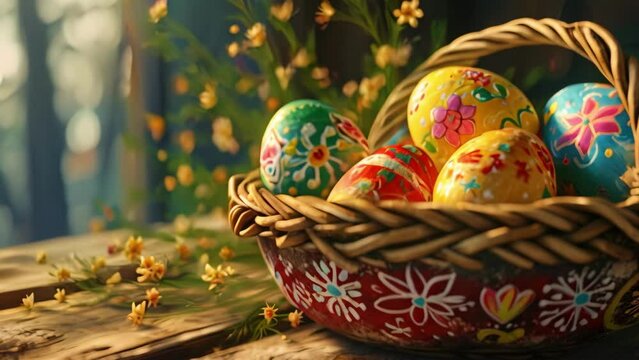 Colorful Painted Eggs in a Basket on Wooden Table