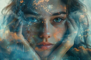 Composite image of a girl overlapped with dreamy space elements
