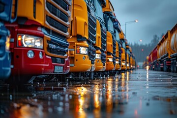 Vivid yellow and red trucks lined up on a reflective wet surface with a moody sky, demonstrating logistics