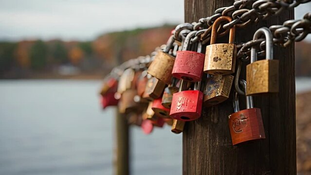 Numerous Padlocks Attached to Wooden Pole
