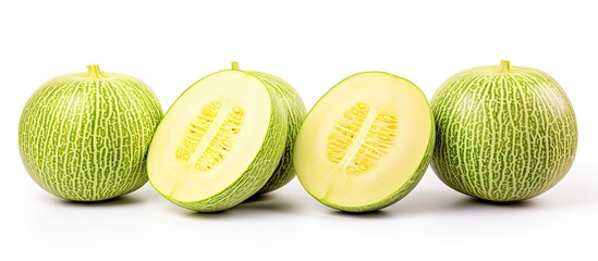 A group of Spanish Melon slices is neatly stacked on top of each other, creating a visually appealing arrangement. The juicy and vibrant melon slices are showcased against a plain white background.