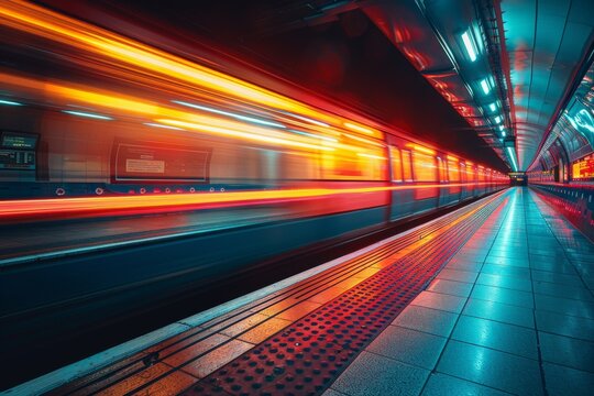A long exposure shot capturing the dynamic speed of a subway train moving through a brightly lit station