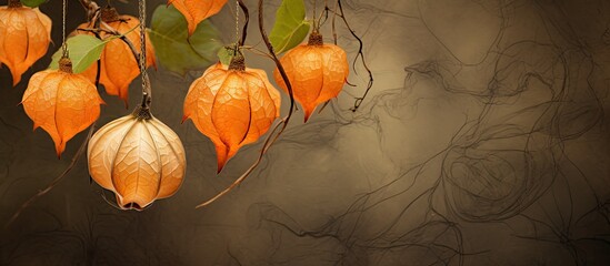 A group of orange physalis lantern flowers dangle from the branches of a tree, creating a vibrant display against the textured old paper background. The flowers are in full bloom, showcasing their