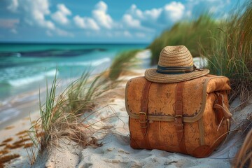 Stylish leather backpack with a sunhat on a calm beach dunes with sea in the background