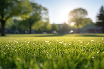 Freshly mowed green grass lawn with a beautiful blurred background of trees and blue sky in the distance. Perfect for a relaxing summer picnic or a game of catch with the kids. - obrazy, fototapety, plakaty