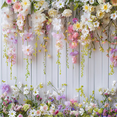 flowers on a wooden fence background  for Easter photography and advertising.Minimal creative Easter advertise concept.Copy space,top view,flat lay.Generative AI
