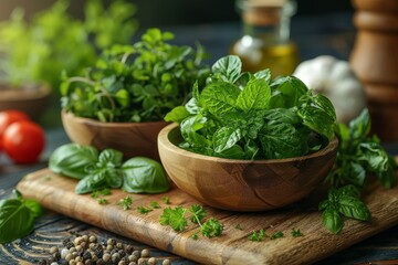 Close-up of peppermint and basil in wooden bowls among culinary ingredients, suggestive of fresh and organic cooking