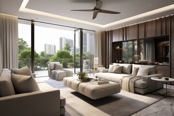 Fototapeta premium Floor-to-ceiling windows offer stunning views of lush tropical scenery in this modern living room. Elegant furniture and calming colors create a perfect ambiance for relaxation and hosting guests.