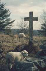 sheep and cross on the hill mountains.Minimal creative Easter he is rising concept.Copy space,top view.Generative AI