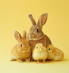 Fototapeta premium Bunnies and Chicks, Easter-themed photo editorial.Minimal creative Easter holiday photo editorial concept.Copy space,top view.Generative AI