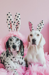 Dogs with bunny ears.Minimal creative Easter dog fashion concept.Copy space,top view.Generative AI