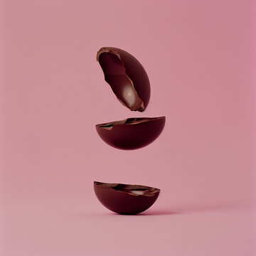  two halves of a broken chocolate egg in mid-air.Minimal creative Easter deconstructed food styling concept.Copy space,top view,flat lay.