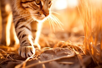 Tranquil ginger cat with mesmerizing eyes strolling through picturesque field of tall, swaying grass under warm golden sunlight, casting serene and peaceful atmosphere in embrace of natures beauty.