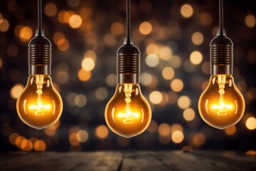 Vintage tungsten light bulbs in retro style with a warm glow against a blurred background of golden lights, creating a cozy and nostalgic atmosphere reminiscent of old-fashioned charm and elegance. - obrazy, fototapety, plakaty