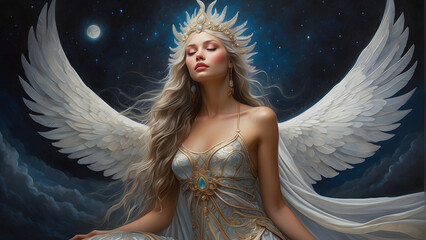 Serene angel with wings and heavenly aura basked in moonlight