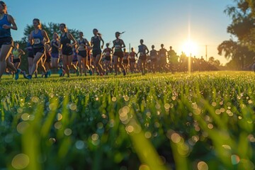 Blurred joggers at dawn with vivid sunlight casting shadows and highlights on a grassy field during a race