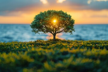 Serene solitary tree on a lush hill with the sunlight streaming through its branches at sunset, embodying tranquility