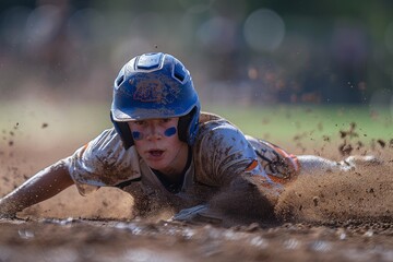 An action-packed shot of a baseball player sliding into base, dirt flying around as he makes the play