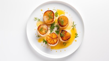 Fototapeta na wymiar scallops seared in pan served with dressing featuring preserved lemon