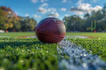 An American football perfectly placed on the field with a goalpost backdrop during sunset time
