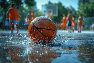 Dynamic image of a basketball causing a water splash against a backdrop of active players in a court