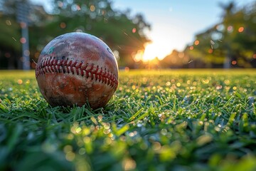 Weathered and dirty baseball on a field with a sprinkle of sunset's golden light creating a bokeh effect in the background