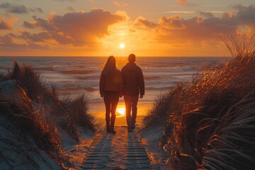 An affectionate couple strolls down a wooden path towards a sunset on the beach, evoking feelings of romance and togetherness - Powered by Adobe