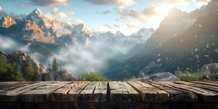 wooden tabletop with blurred background mountains with dappled sunlight, background for product advertising or product showcase