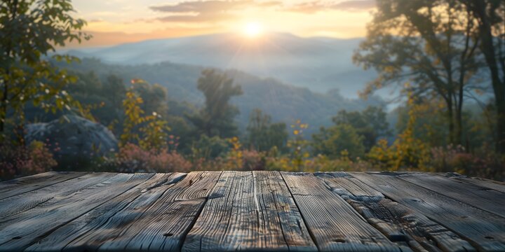 wooden tabletop with blurred background mountains with dappled sunlight, background for product advertising or product showcase