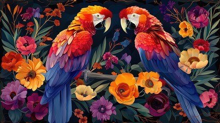 Obraz premium Colorful illustration of parrots among floral elements
