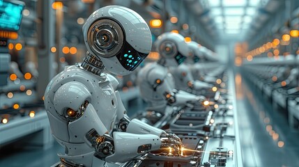 Fototapeta premium Robots working on an assembly line in a high-tech factory
