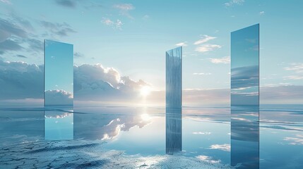 Mirrored monoliths reflect sunrise in a serene, flooded landscape