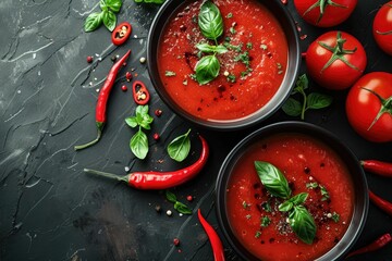 Two bowls of fresh tomato soup garnished with basil on a dark slate background with spices