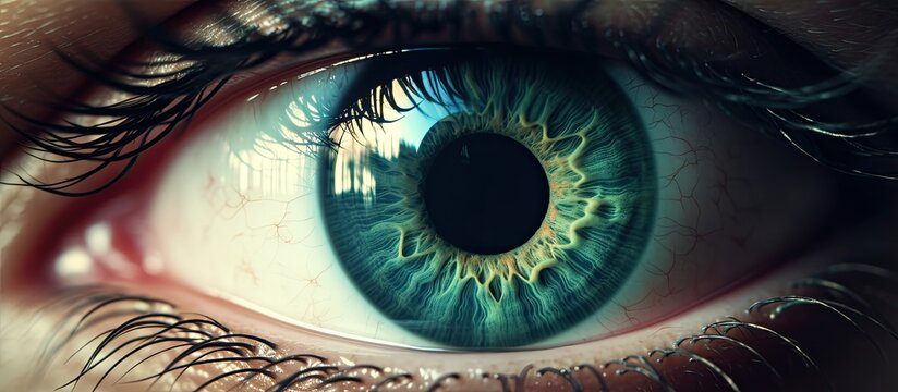 A detailed view of a single blue eye, showcasing the intricate patterns of the iris and the reflections on the surface of the cornea.