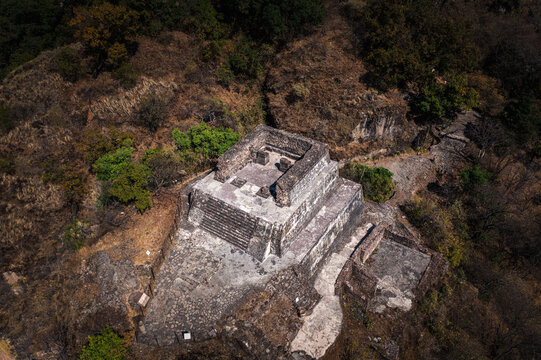 Aerial view of the archaeological zone of the Pyramid of Tepozteco in the Magic Town of Tepoztlan in the state of Morelos.