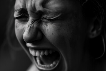 Intense emotional expression of pain or frustration, in a black and white portrait. Close-up of a...
