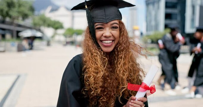 Face, education and graduation with black woman outdoor on campus of college of university. Portrait, certificate and success with happy young student laughing in celebration at school ceremony
