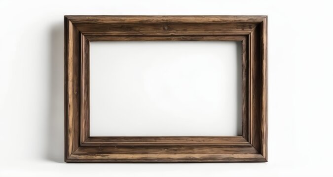  Empty wooden picture frame on white wall