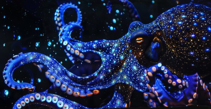 In the darkness of the oceans depths a hungry octopus extends its tentacles towards a of sparkling bioluminescent creatures its eyes glowing with excitement. The deep sea