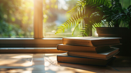 Sunlit books on a windowsill with green plants