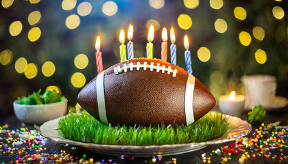 american, football, kuchen, torte, kerzen, neu, close up, gras, wiese, hintergrund, karte, geburtstag, entwerfen, nfs, super, bowl, modern, reklame, feiern, party, bokeh, bunt, 3d