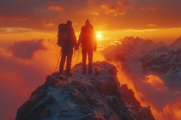 Two hikers on a mountain peak during a vibrant sunset, exuding a sense of adventure and achievement, suitable for themes of exploration, travel, and mountaineering holidays.