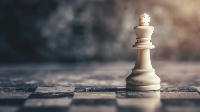 Single chess king on a board with dramatic lighting