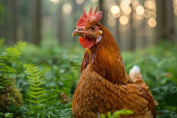 Striking image capturing a vibrant rooster in its natural habitat, with the forest's lush greenery enhancing its colors