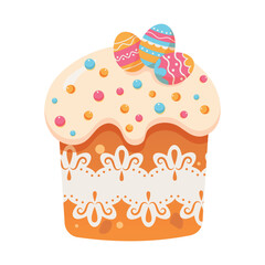 Easter cake with eggs. Hand drawn easter cake with 
sprinkles. Happy Easter element for greeting card or banner with hand drawn easter eggs, cake and flowers. Vector flat isolated 