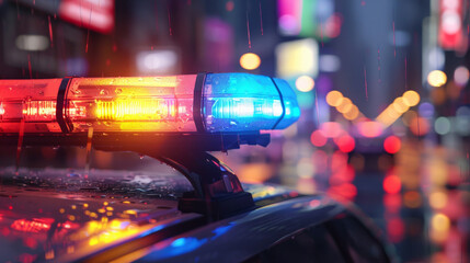 Closeup of police car flashing lights on nighttime urban street scene with cars and colorful city lights