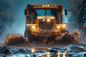 A powerful bulldozer with bright lights moves through murky water, splashing forcefully in a dramatic setting - obrazy, fototapety, plakaty
