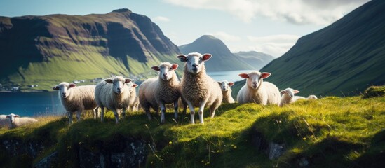 A group of sheep and rams are seen standing on top of a vibrant, green hillside on the Faroe Islands. The animals appear to be grazing peacefully under the clear sky. - obrazy, fototapety, plakaty